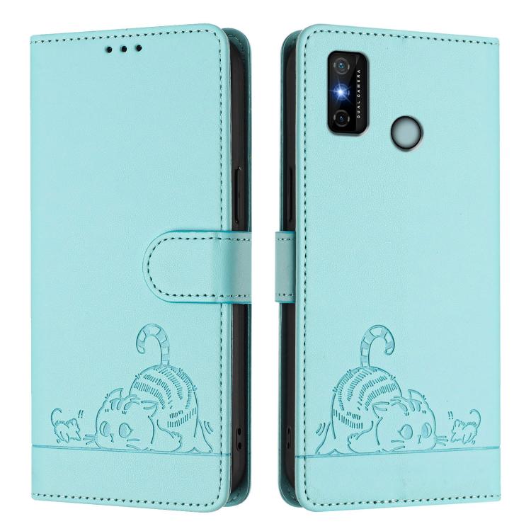 For Tecno Spark 6 Go / Go 2020 Cat Rat Embossed Pattern RFID Leather Phone Case with Lanyard