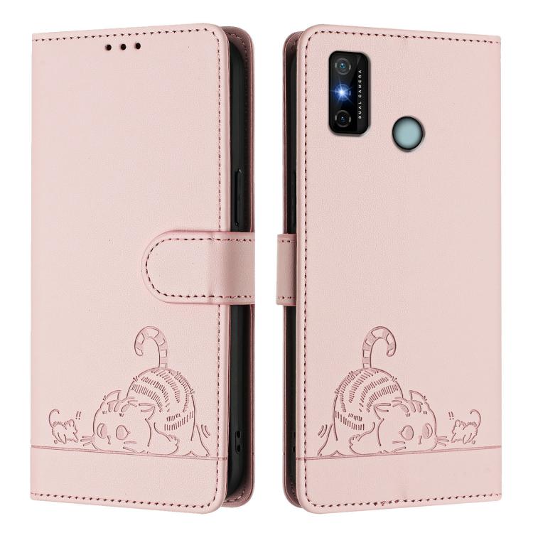 For Tecno Spark 6 Go / Go 2020 Cat Rat Embossed Pattern RFID Leather Phone Case with Lanyard