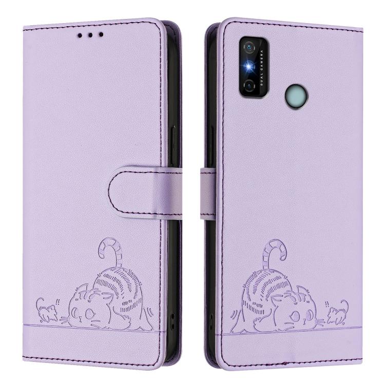 For Tecno Spark 6 Go / Go 2020 Cat Rat Embossed Pattern RFID Leather Phone Case with Lanyard