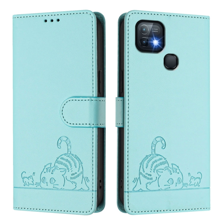 For Infinix Hot 10i Cat Rat Embossed Pattern RFID Leather Phone Case with Lanyard