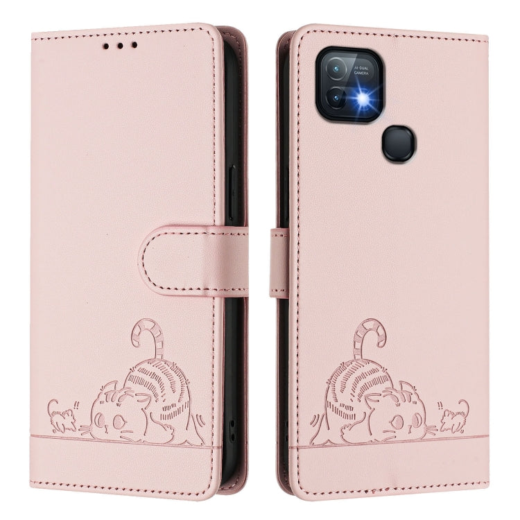 For Infinix Hot 10i Cat Rat Embossed Pattern RFID Leather Phone Case with Lanyard