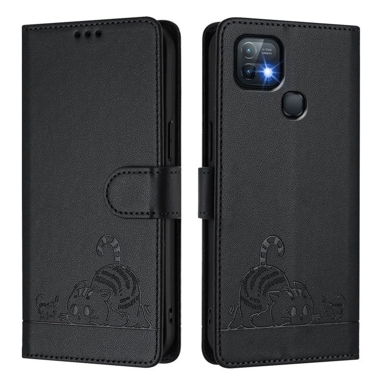For Infinix Hot 10i Cat Rat Embossed Pattern RFID Leather Phone Case with Lanyard
