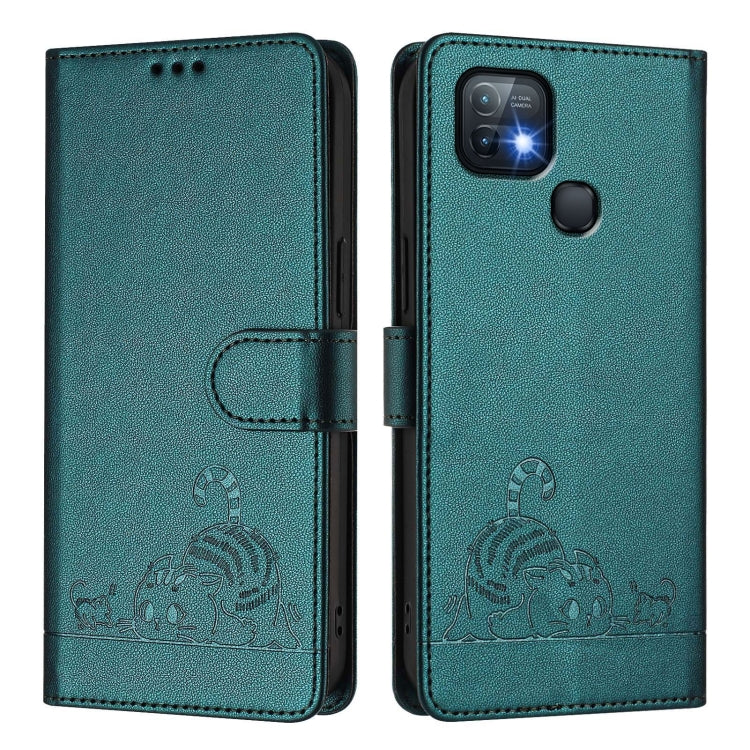 For Infinix Hot 10i Cat Rat Embossed Pattern RFID Leather Phone Case with Lanyard
