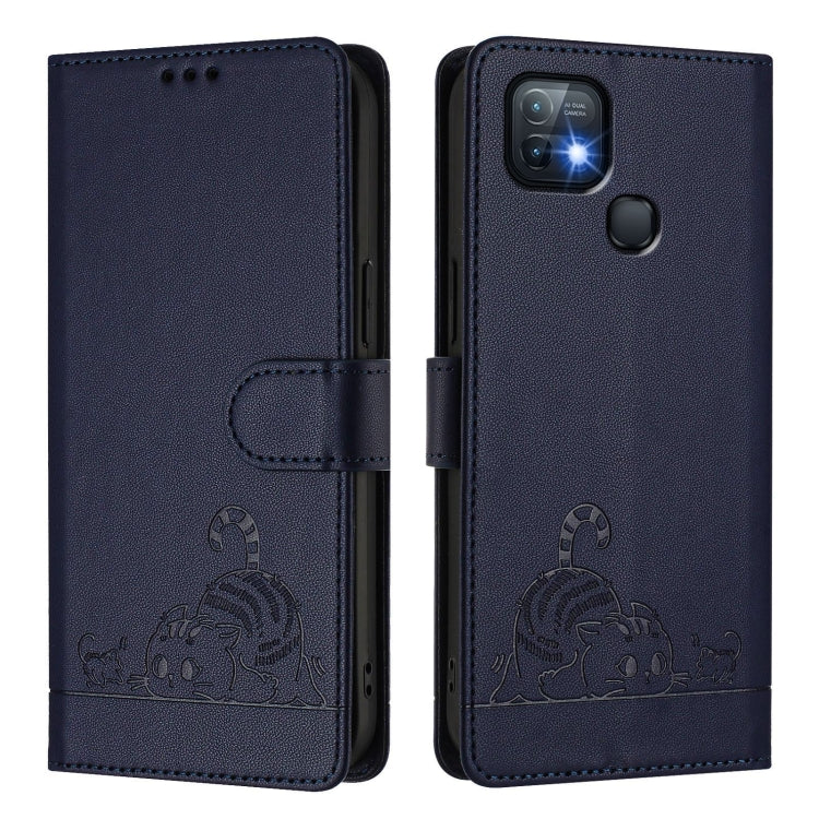 For Infinix Hot 10i Cat Rat Embossed Pattern RFID Leather Phone Case with Lanyard