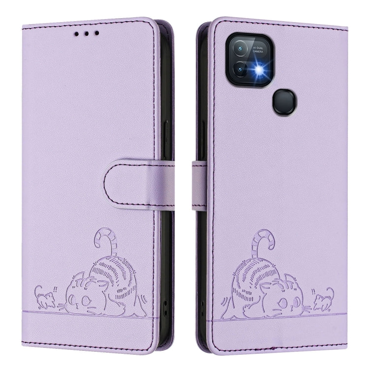 For Infinix Hot 10i Cat Rat Embossed Pattern RFID Leather Phone Case with Lanyard