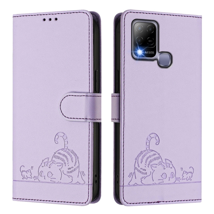 For Infinix Hot 10T / 10s Cat Rat Embossed Pattern RFID Leather Phone Case with Lanyard