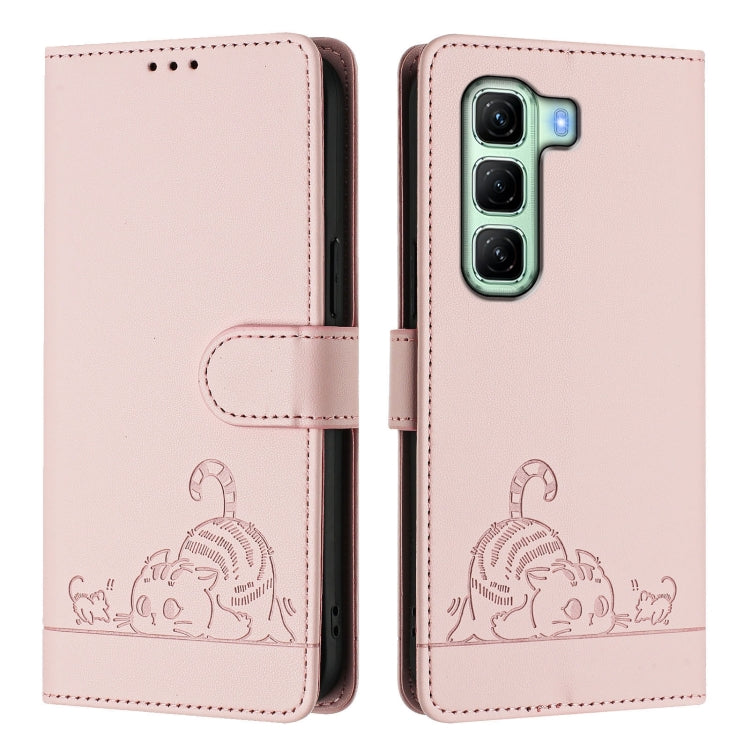 For Infinix Hot 50 4G Cat Rat Embossed Pattern RFID Leather Phone Case with Lanyard