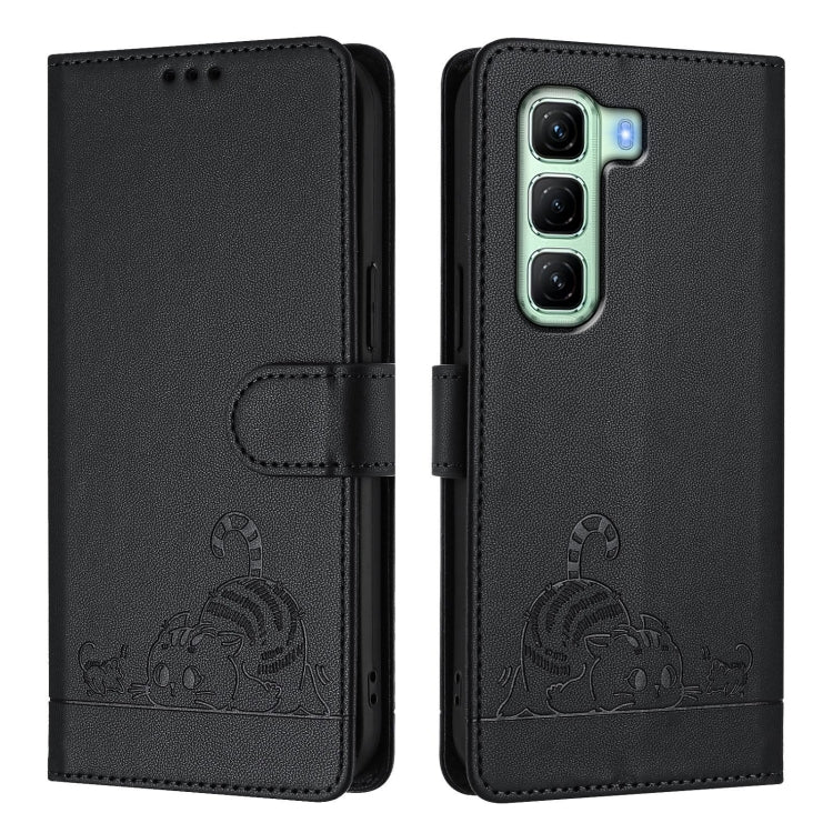 For Infinix Hot 50 4G Cat Rat Embossed Pattern RFID Leather Phone Case with Lanyard