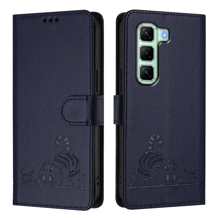 For Infinix Hot 50 4G Cat Rat Embossed Pattern RFID Leather Phone Case with Lanyard