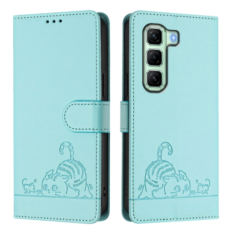For Infinix Hot 50 5G Cat Rat Embossed Pattern RFID Leather Phone Case with Lanyard