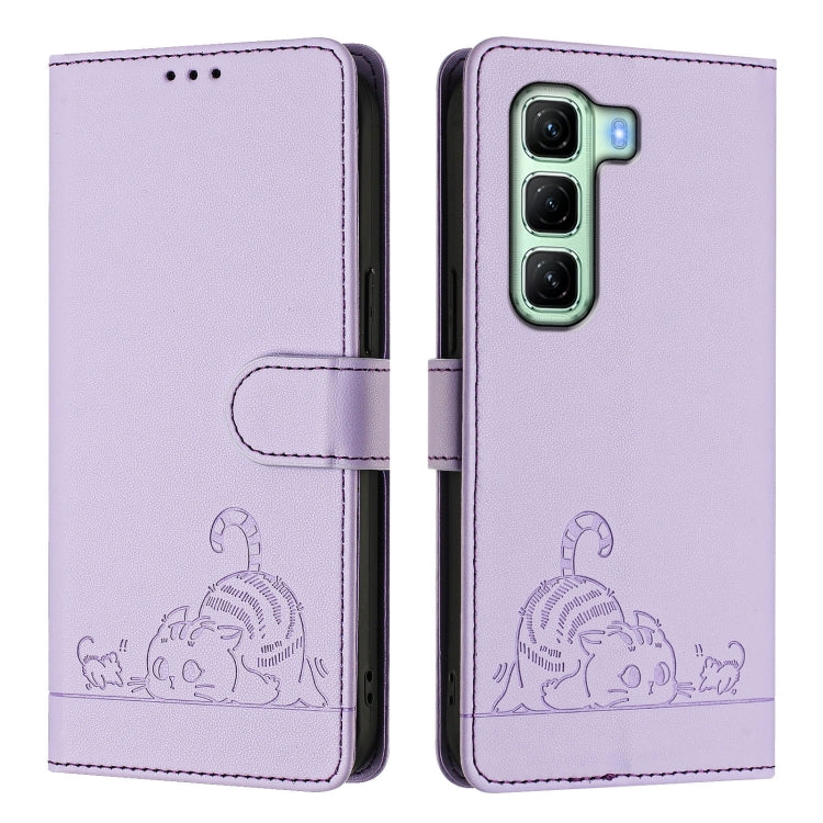 For Infinix Hot 50 5G Cat Rat Embossed Pattern RFID Leather Phone Case with Lanyard
