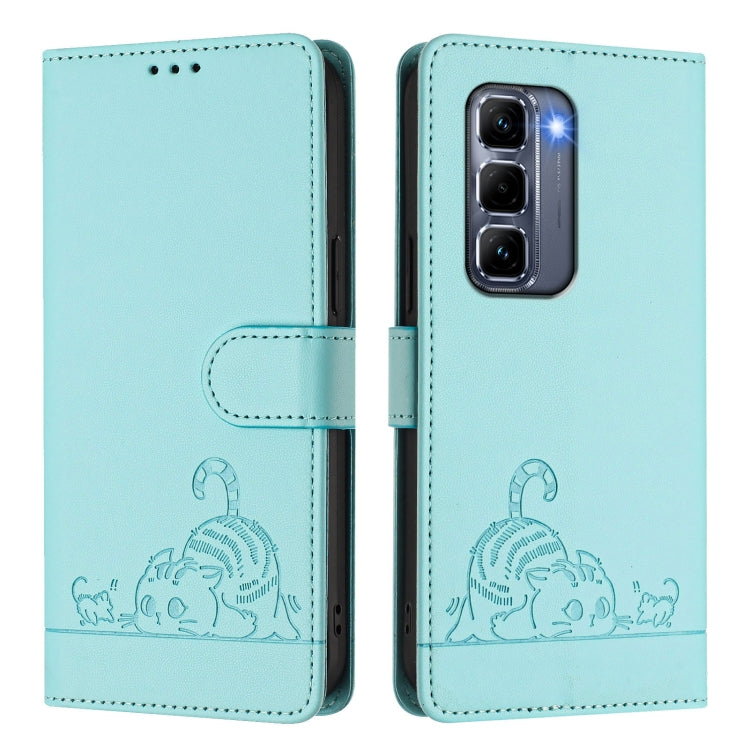 For Infinix Hot 50 Pro+ 4G Cat Rat Embossed Pattern RFID Leather Phone Case with Lanyard