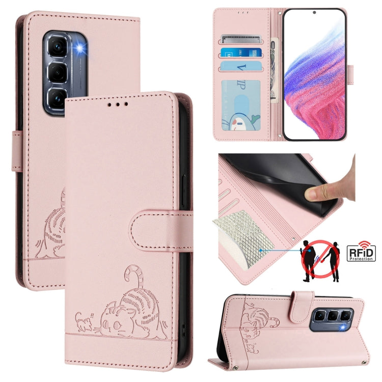 For Infinix Hot 50 Pro+ 4G Cat Rat Embossed Pattern RFID Leather Phone Case with Lanyard