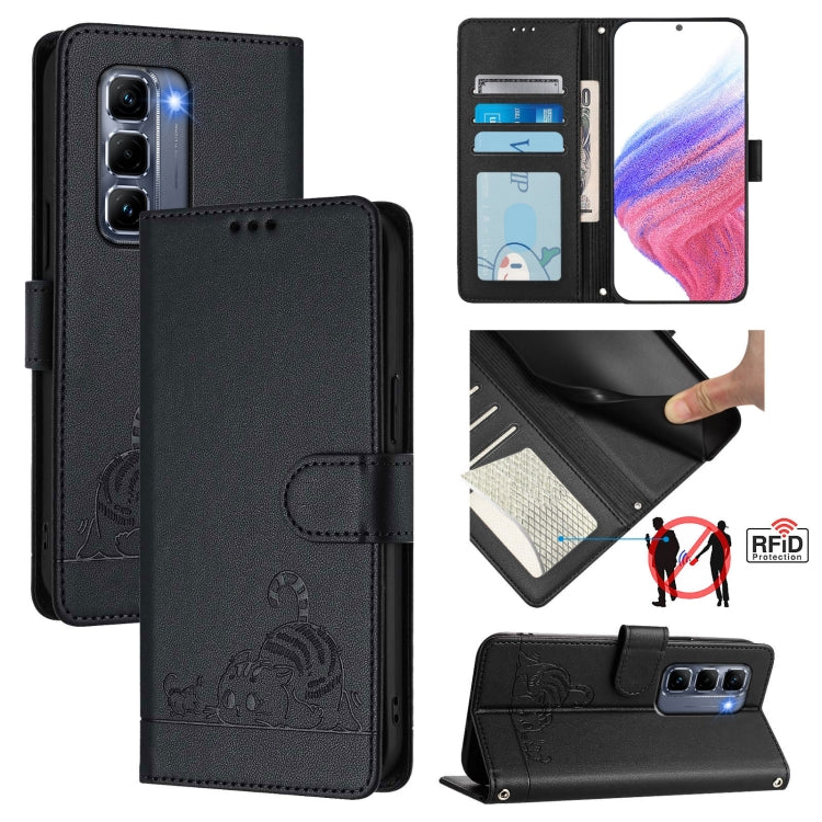 For Infinix Hot 50 Pro+ 4G Cat Rat Embossed Pattern RFID Leather Phone Case with Lanyard