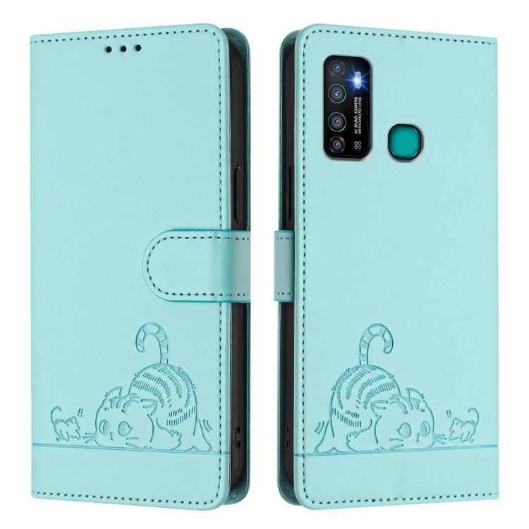 For Infinix Hot 9 / Hot 9 Pro Cat Rat Embossed Pattern RFID Leather Phone Case with Lanyard