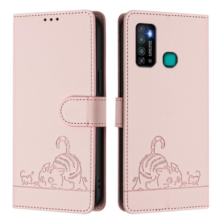 For Infinix Hot 9 / Hot 9 Pro Cat Rat Embossed Pattern RFID Leather Phone Case with Lanyard