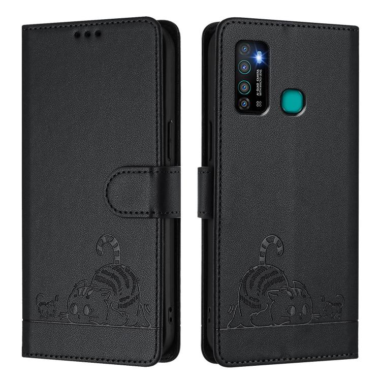 For Infinix Hot 9 / Hot 9 Pro Cat Rat Embossed Pattern RFID Leather Phone Case with Lanyard