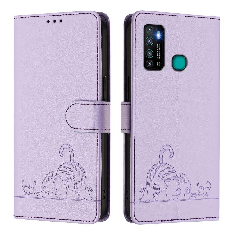 For Infinix Hot 9 / Hot 9 Pro Cat Rat Embossed Pattern RFID Leather Phone Case with Lanyard