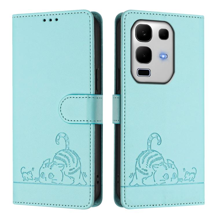 For Infinix Note 50s Cat Rat Embossed Pattern RFID Leather Phone Case with Lanyard