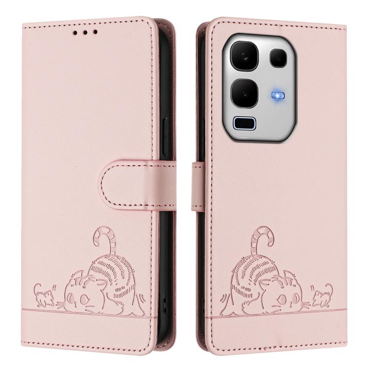 For Infinix Note 50s Cat Rat Embossed Pattern RFID Leather Phone Case with Lanyard
