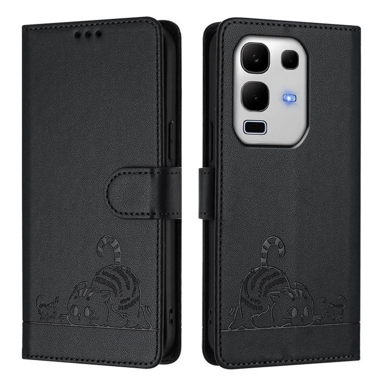 For Infinix Note 50s Cat Rat Embossed Pattern RFID Leather Phone Case with Lanyard