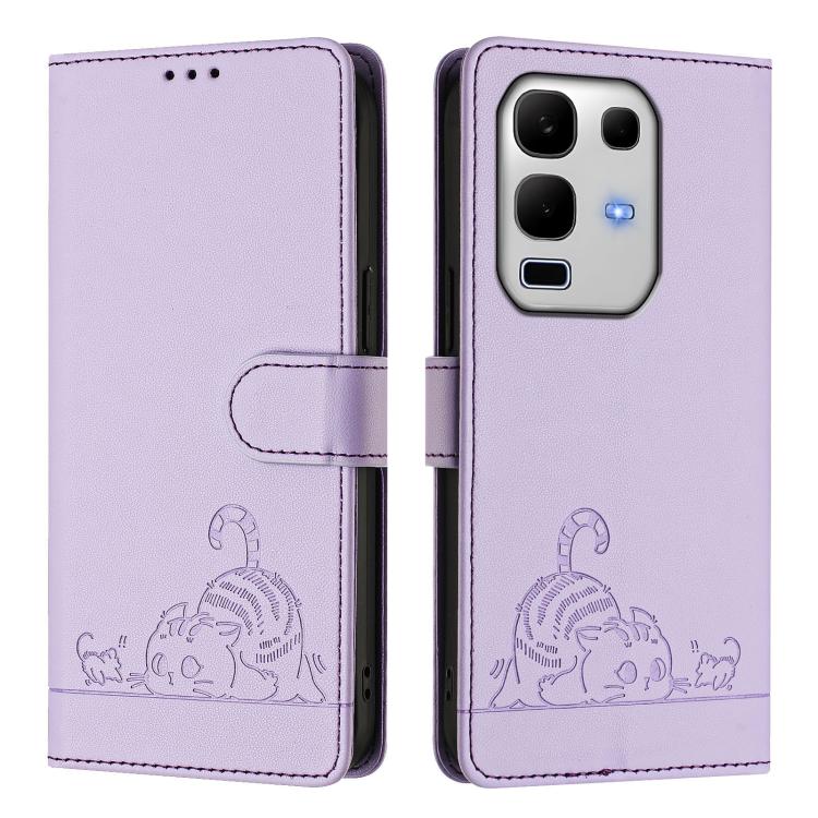 For Infinix Note 50s Cat Rat Embossed Pattern RFID Leather Phone Case with Lanyard