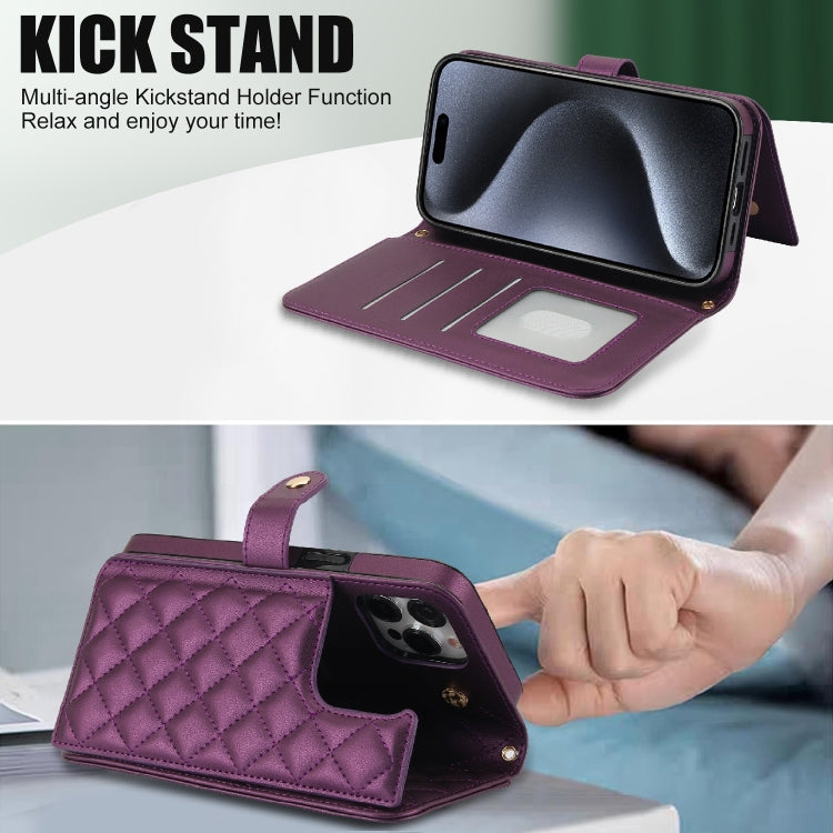 For iPhone 15 Pro Max Crossbody Multifunction Rhombic Leather Phone Case