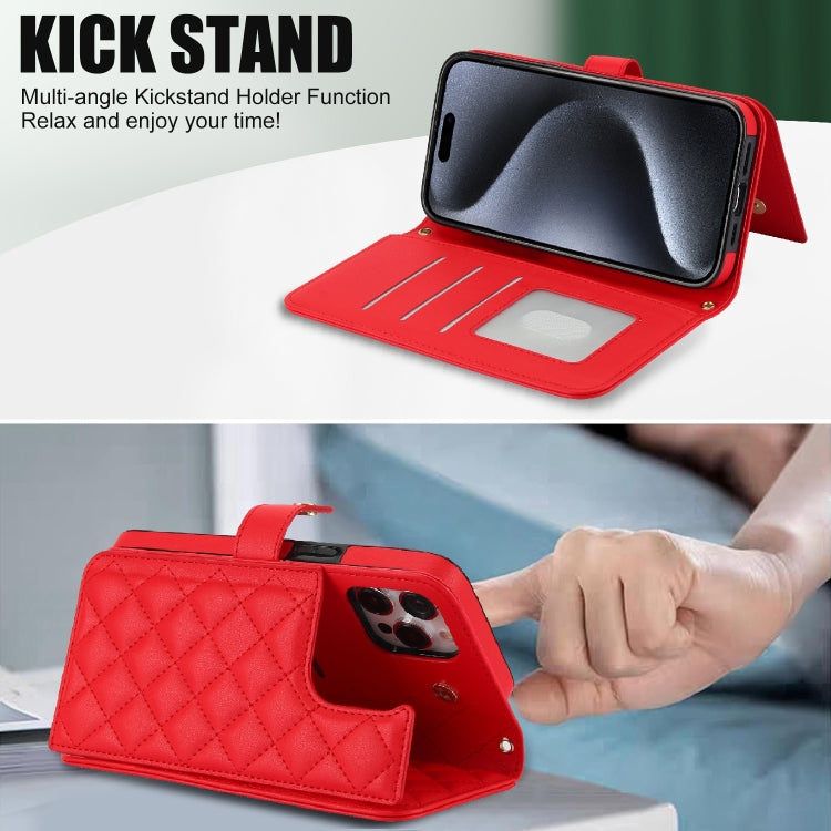 For iPhone 15 Pro Crossbody Multifunction Rhombic Leather Phone Case