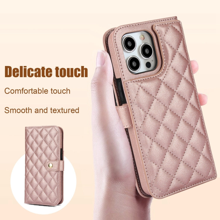 For iPhone 15 Pro Crossbody Multifunction Rhombic Leather Phone Case