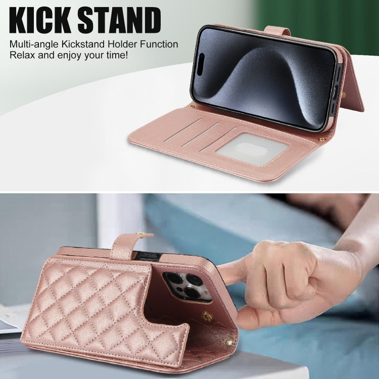 For iPhone 15 Pro Crossbody Multifunction Rhombic Leather Phone Case