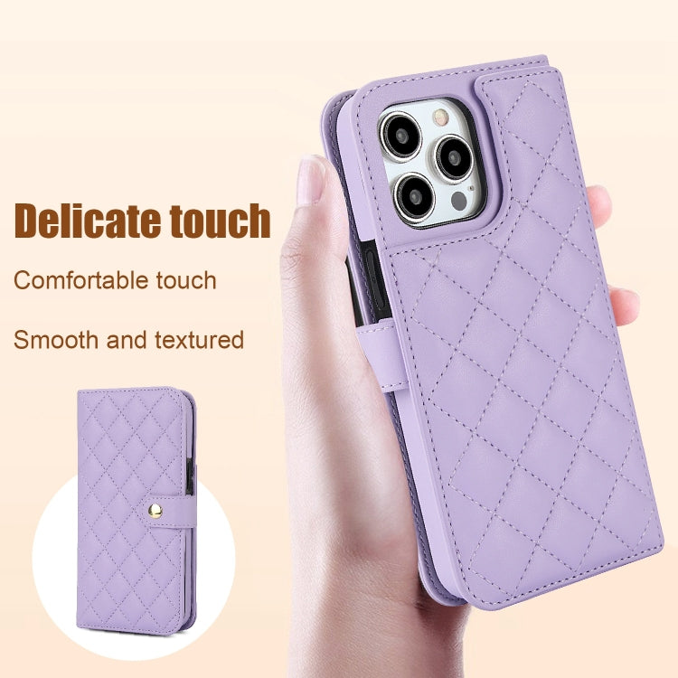 For iPhone 15 Pro Crossbody Multifunction Rhombic Leather Phone Case
