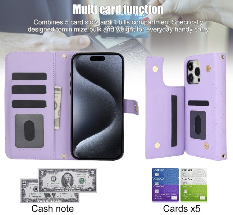 For iPhone 15 Pro Crossbody Multifunction Rhombic Leather Phone Case