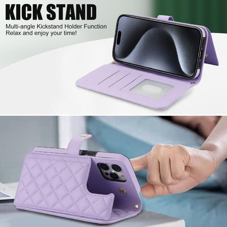 For iPhone 15 Pro Crossbody Multifunction Rhombic Leather Phone Case