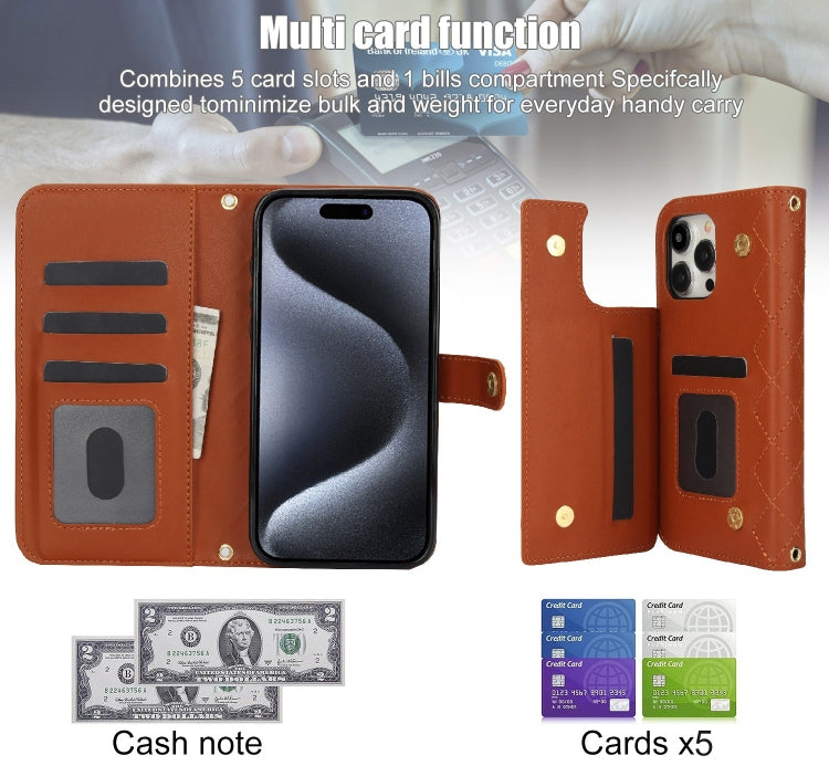 For iPhone 15 Pro Crossbody Multifunction Rhombic Leather Phone Case