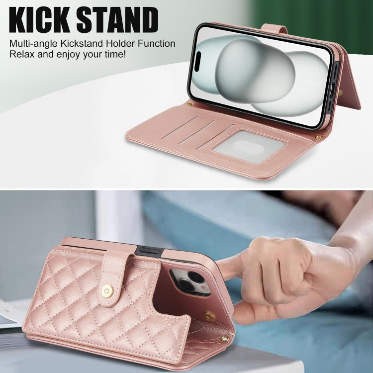 For iPhone 15 Crossbody Multifunction Rhombic Leather Phone Case
