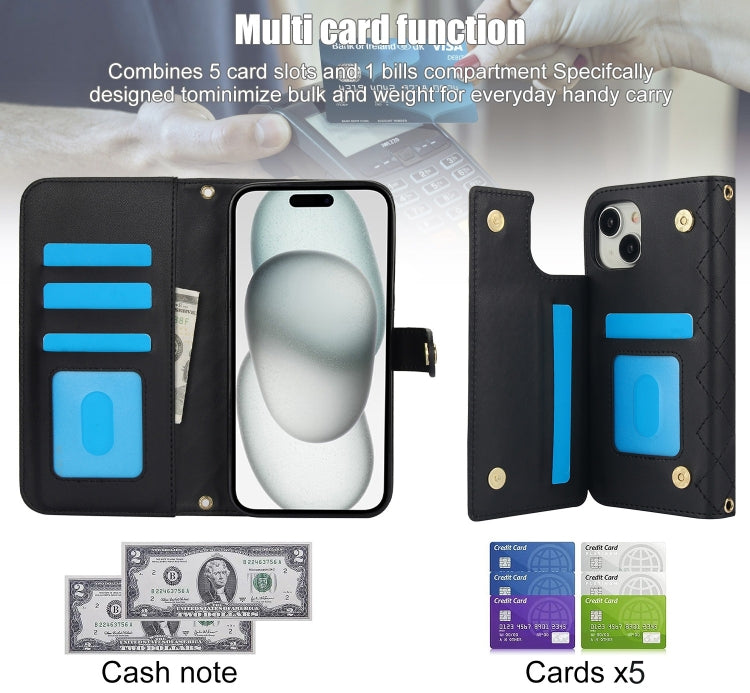 For iPhone 14 Plus Crossbody Multifunction Rhombic Leather Phone Case