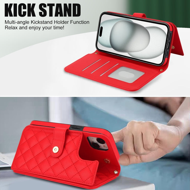 For iPhone 14 Plus Crossbody Multifunction Rhombic Leather Phone Case