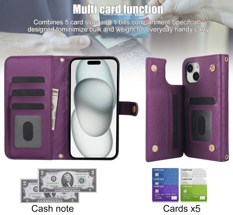 For iPhone 14 Plus Crossbody Multifunction Rhombic Leather Phone Case