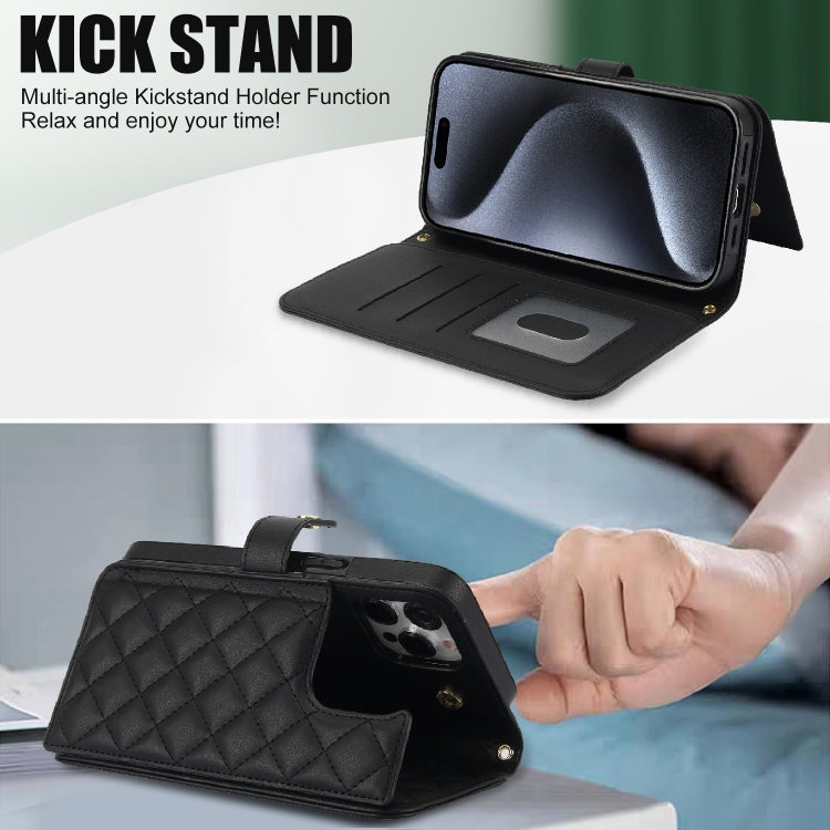 For iPhone 14 Pro Max Crossbody Multifunction Rhombic Leather Phone Case