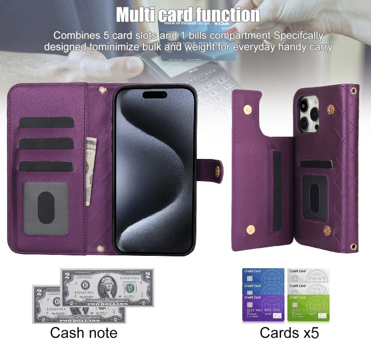 For iPhone 13 Pro Max Crossbody Multifunction Rhombic Leather Phone Case