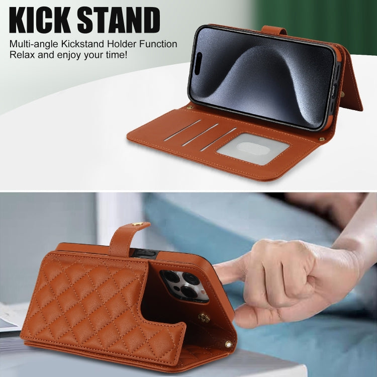 For iPhone 13 Pro Max Crossbody Multifunction Rhombic Leather Phone Case