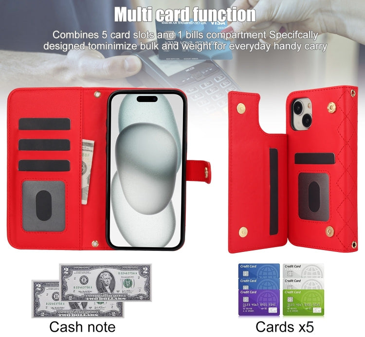 For iPhone 13 mini Crossbody Multifunction Rhombic Leather Phone Case