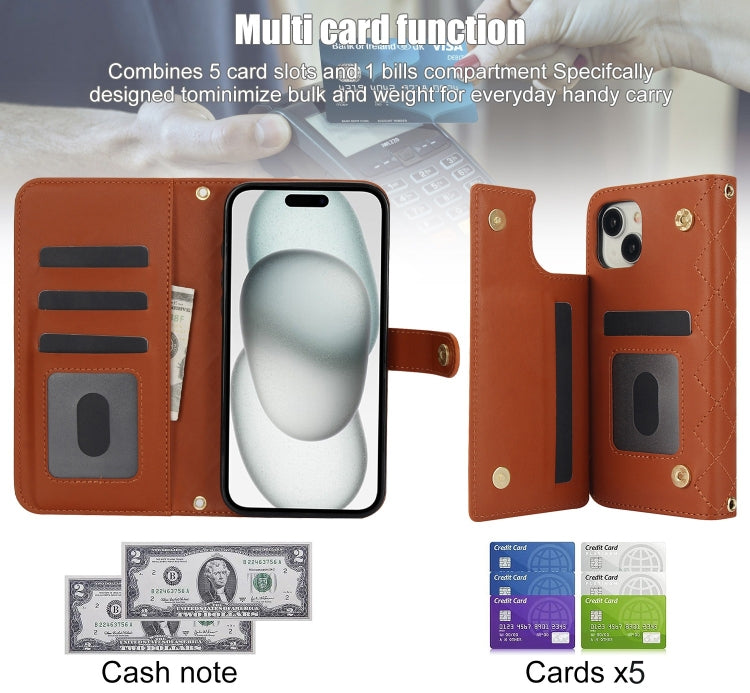 For iPhone 13 mini Crossbody Multifunction Rhombic Leather Phone Case