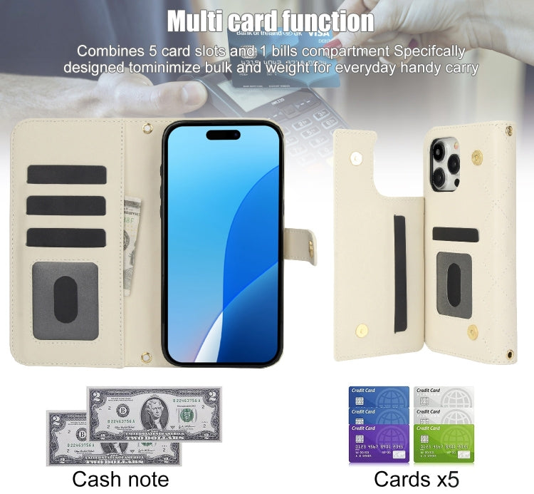 For iPhone 16 Pro Crossbody Multifunction Rhombic Leather Phone Case
