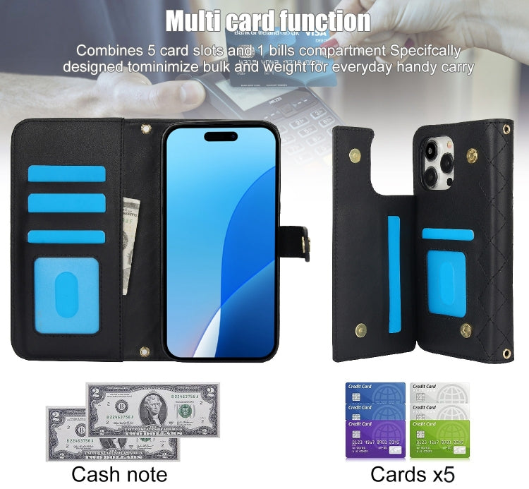 For iPhone 16 Pro Crossbody Multifunction Rhombic Leather Phone Case