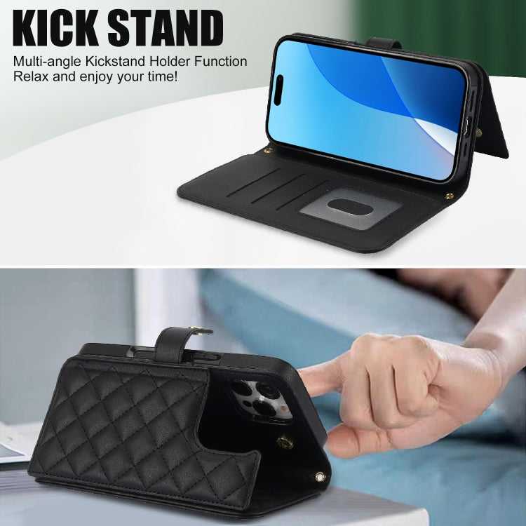 For iPhone 16 Pro Crossbody Multifunction Rhombic Leather Phone Case