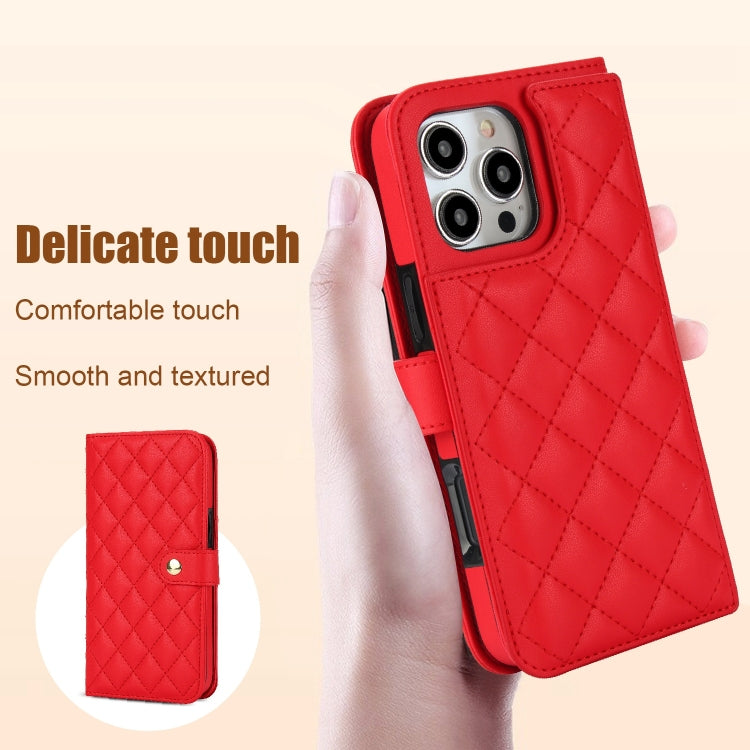 For iPhone 16 Pro Crossbody Multifunction Rhombic Leather Phone Case