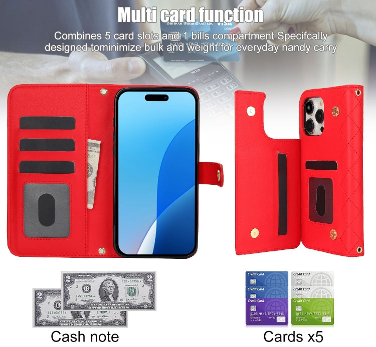 For iPhone 16 Pro Crossbody Multifunction Rhombic Leather Phone Case