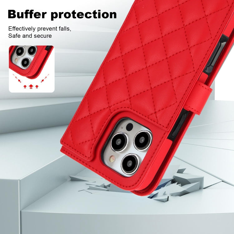 For iPhone 16 Pro Crossbody Multifunction Rhombic Leather Phone Case