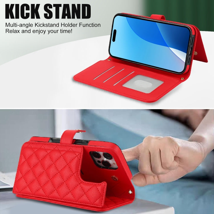 For iPhone 16 Pro Crossbody Multifunction Rhombic Leather Phone Case